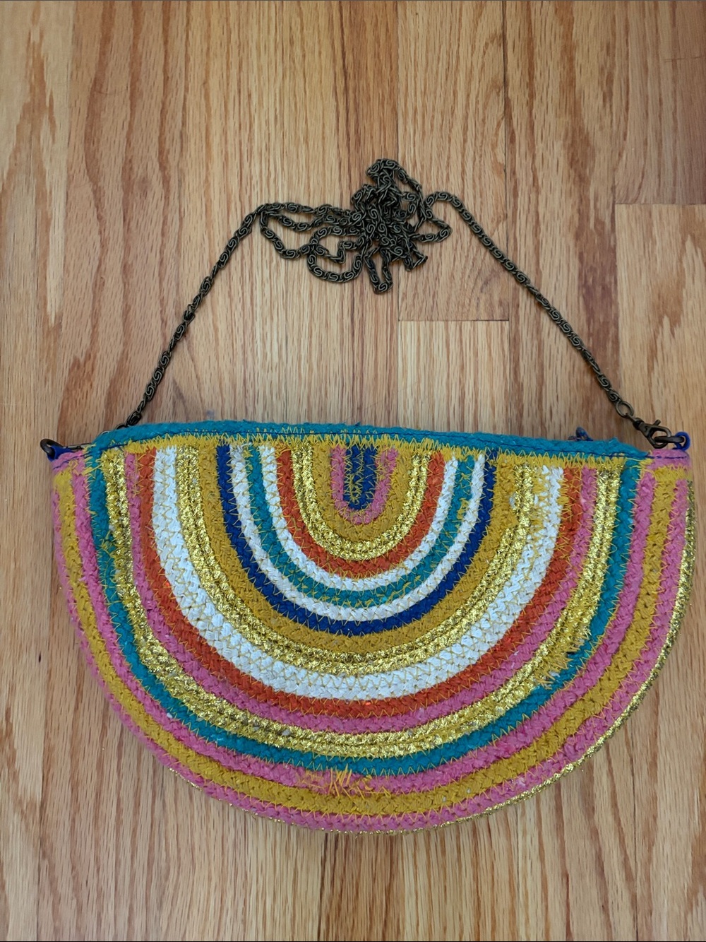 Colorful Semi-Circle Straw Crossbody Bag with Chain Strap